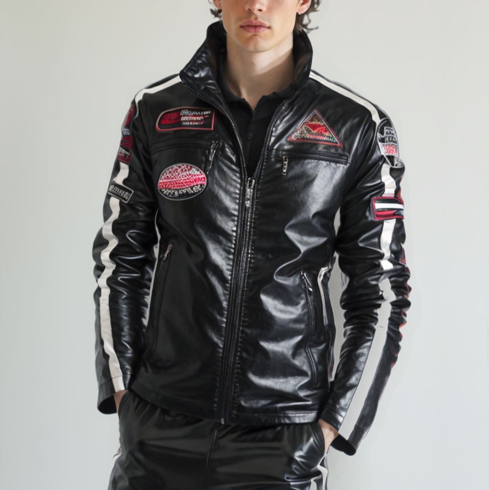 Mens Motorcycle Vegan Leather Jacket With Badges