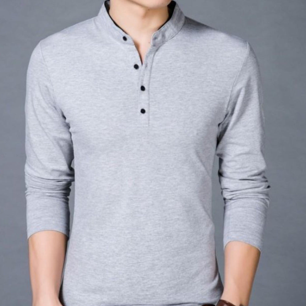 Long Sleeve Henley Shirt with Stand Up Collar