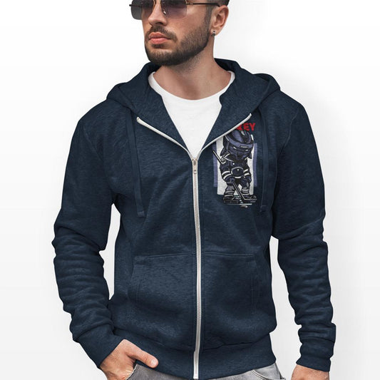 mens cotton/polyester navy hockey theme full zip hoodie - AmtifyDirect