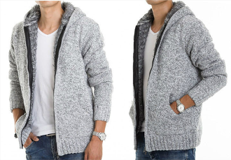 Mens Gray Cotton Blend Hooded Zipper Jacket with Inner Fur - AmtifyDirect