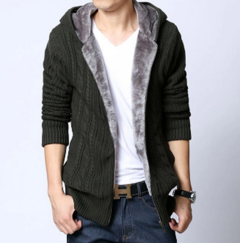 Mens Hooded Cardigan with Inner Fur - AmtifyDirect