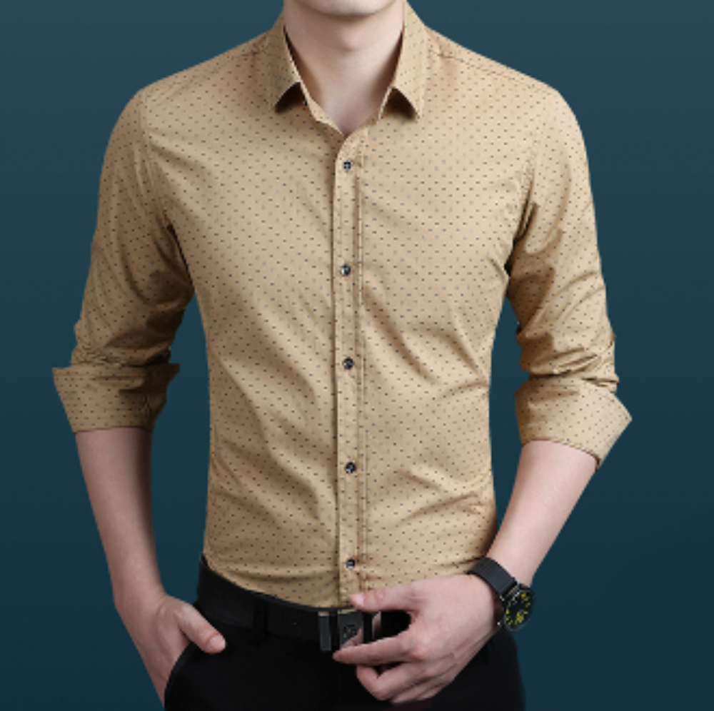 Mens khaki cotton Long Sleeve Shirt with Print Pattern - AmtifyDirect