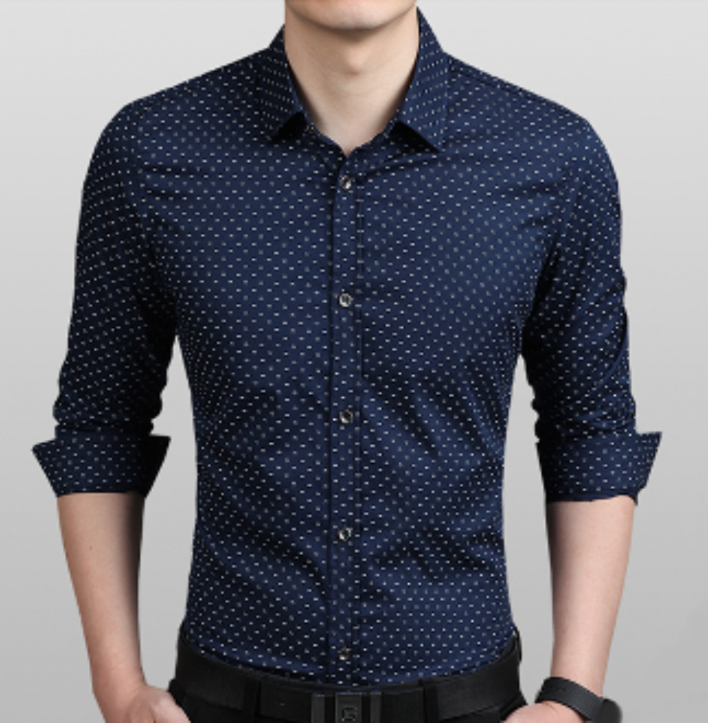 Mens navy cotton Long Sleeve Shirt with Print Pattern - AmtifyDirect