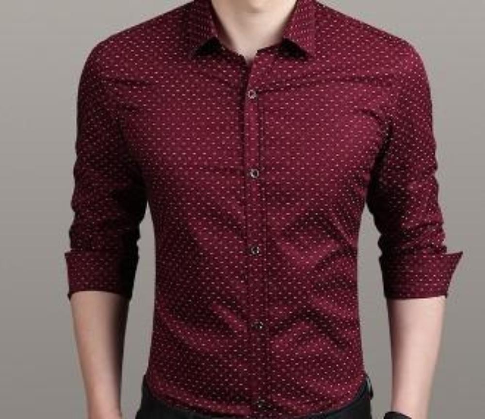 Mens red cotton Long Sleeve Shirt with Print Pattern - AmtifyDirect