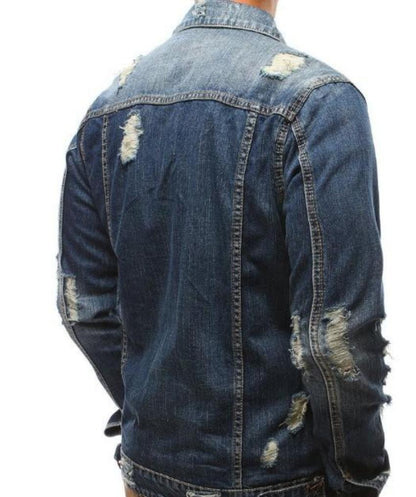 mens blue denim distressed jacket - AmtifyDirect