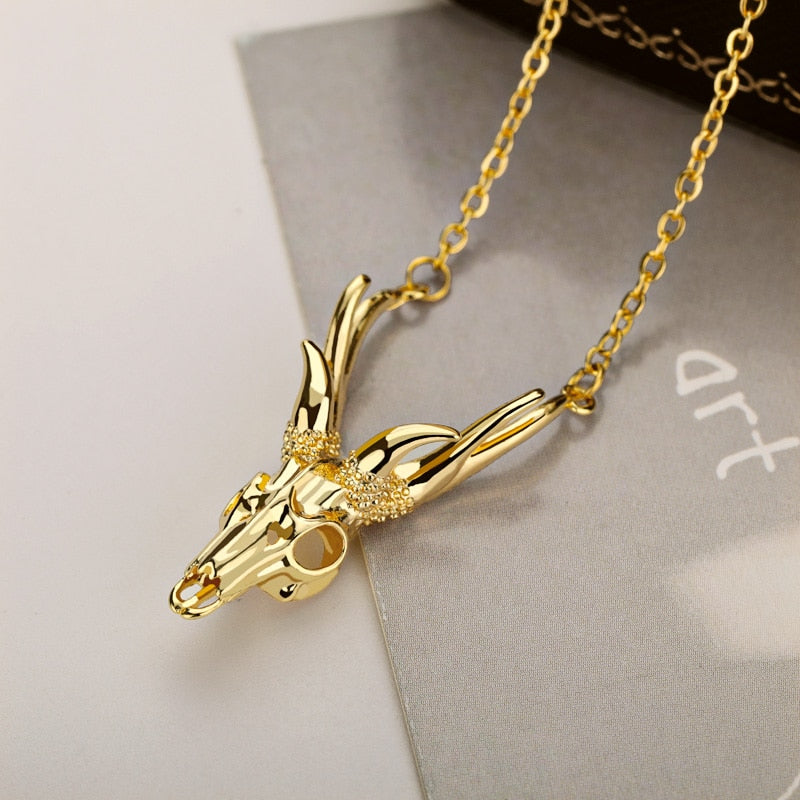 Plated Antler Skull Necklace