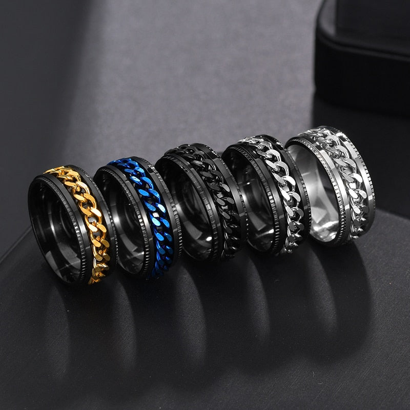 Mens Stainless Steel Rotatable Chain Style Black Ring