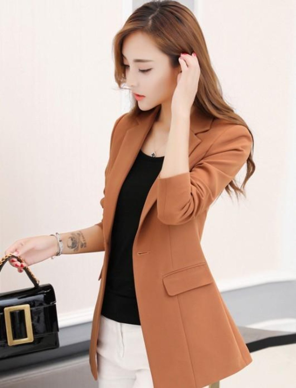 womens orange polyester vegan friendly one button slim fit blazer - AmtifyDirect