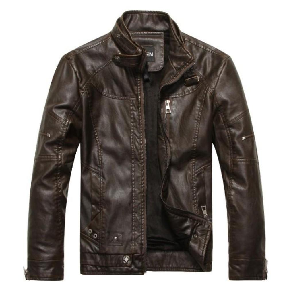 Mens Zip Up Button Collar Faux Leather Jacket