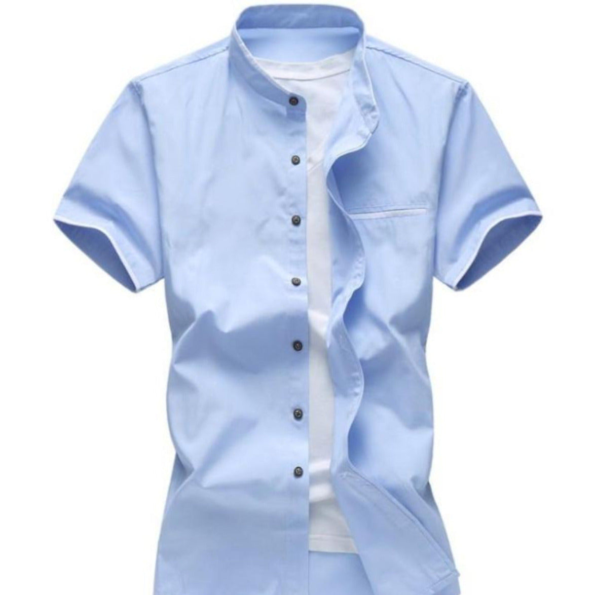 Mens Short Sleeve Stand Up Collar Shirt with Contrasting Trim
