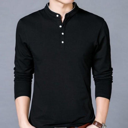 Long Sleeve Henley Shirt with Stand Up Collar - AmtifyDirect