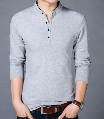 Long Sleeve Henley Shirt with Stand Up Collar - AmtifyDirect