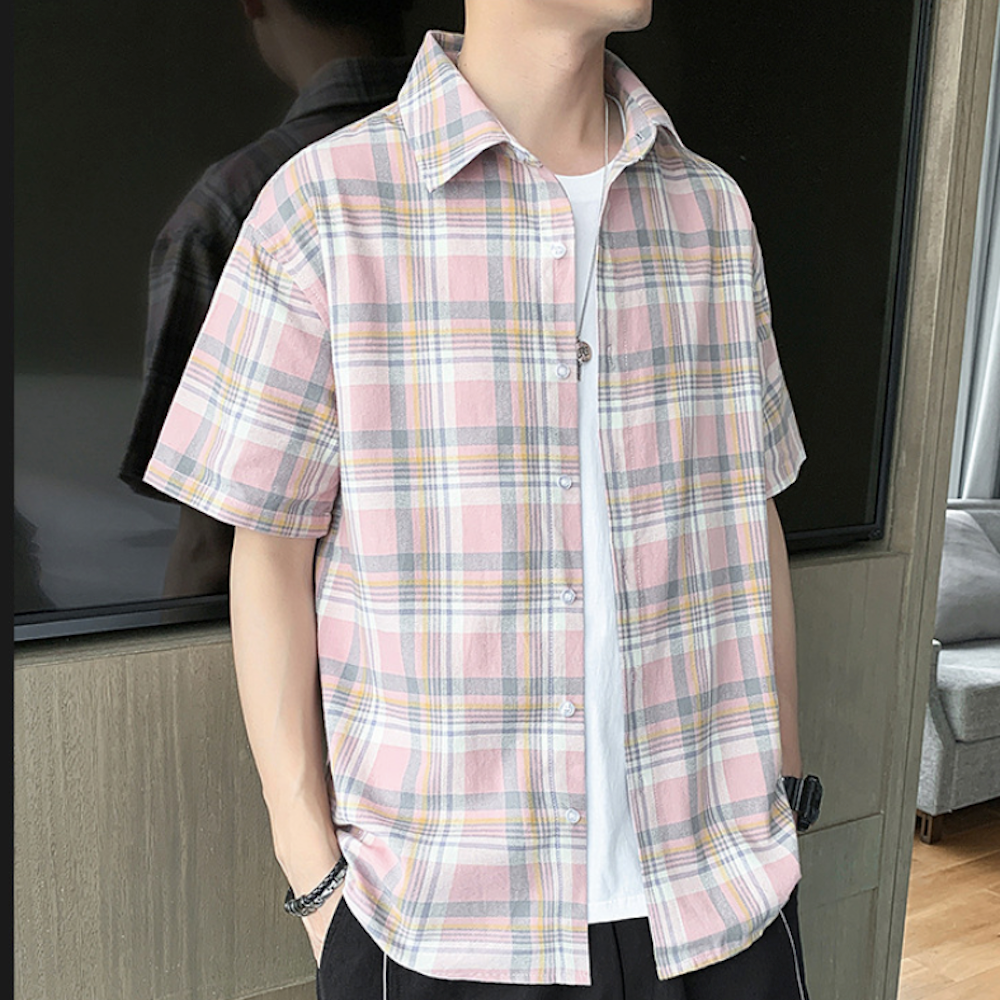 Mens Casual Short Sleeve Plaid Shirt