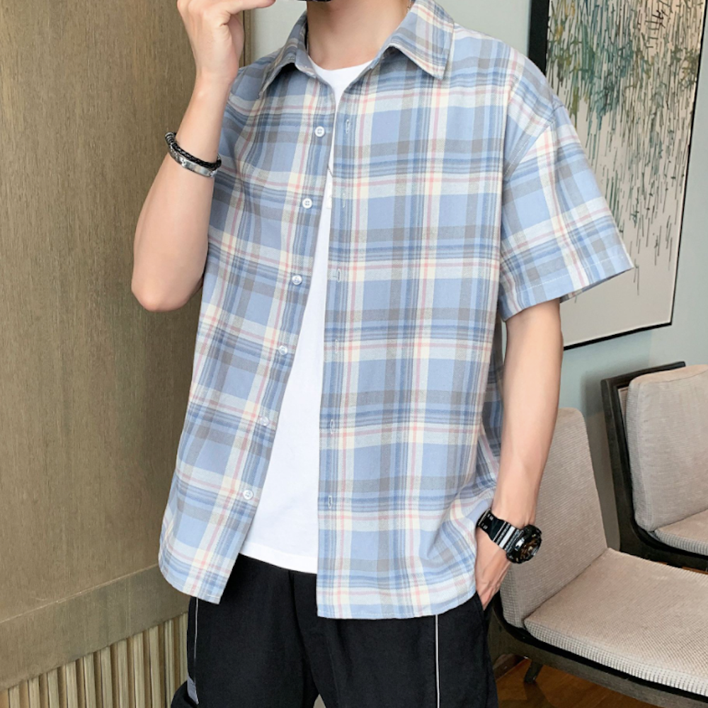 Mens Casual Short Sleeve Plaid Shirt