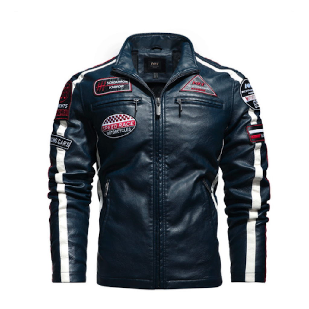 Mens Motorcycle Vegan Leather Jacket With Badges