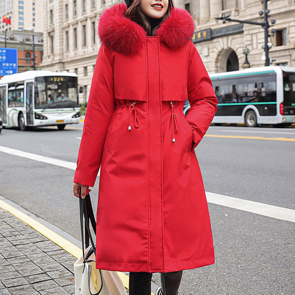 Women's Detachable Faux Fur Lining Long Coat with Furry Hood