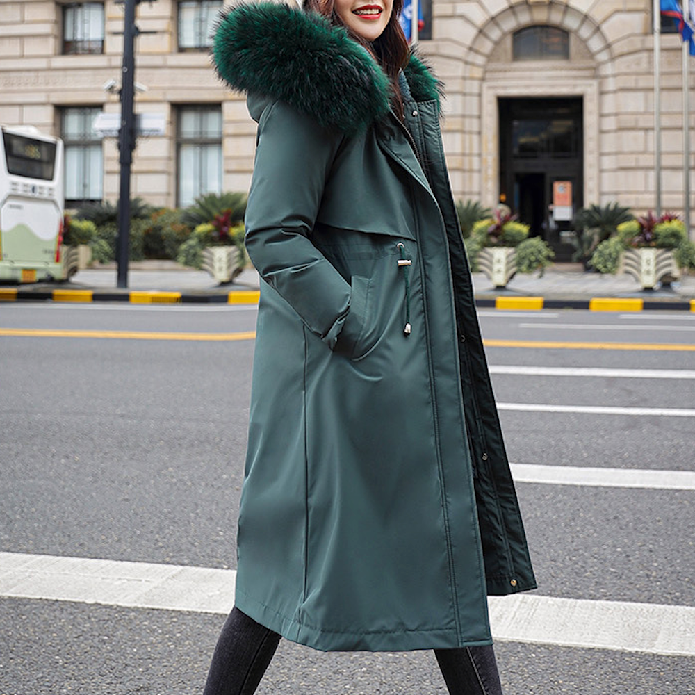 Women's Detachable Faux Fur Lining Long Coat with Furry Hood