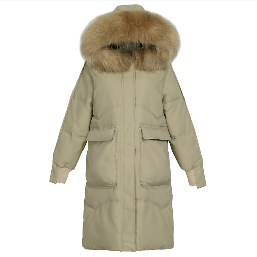 Womens Mid Length Big Pocket Zipper Jacket with Furry Hood