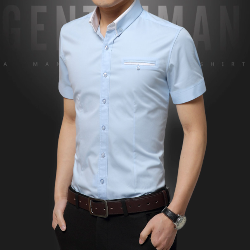 Mens Short Sleeve Button Down Shirt with Dual Collar Look