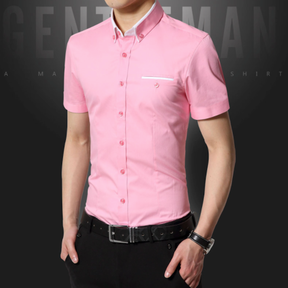 Mens Short Sleeve Button Down Shirt with Dual Collar Look