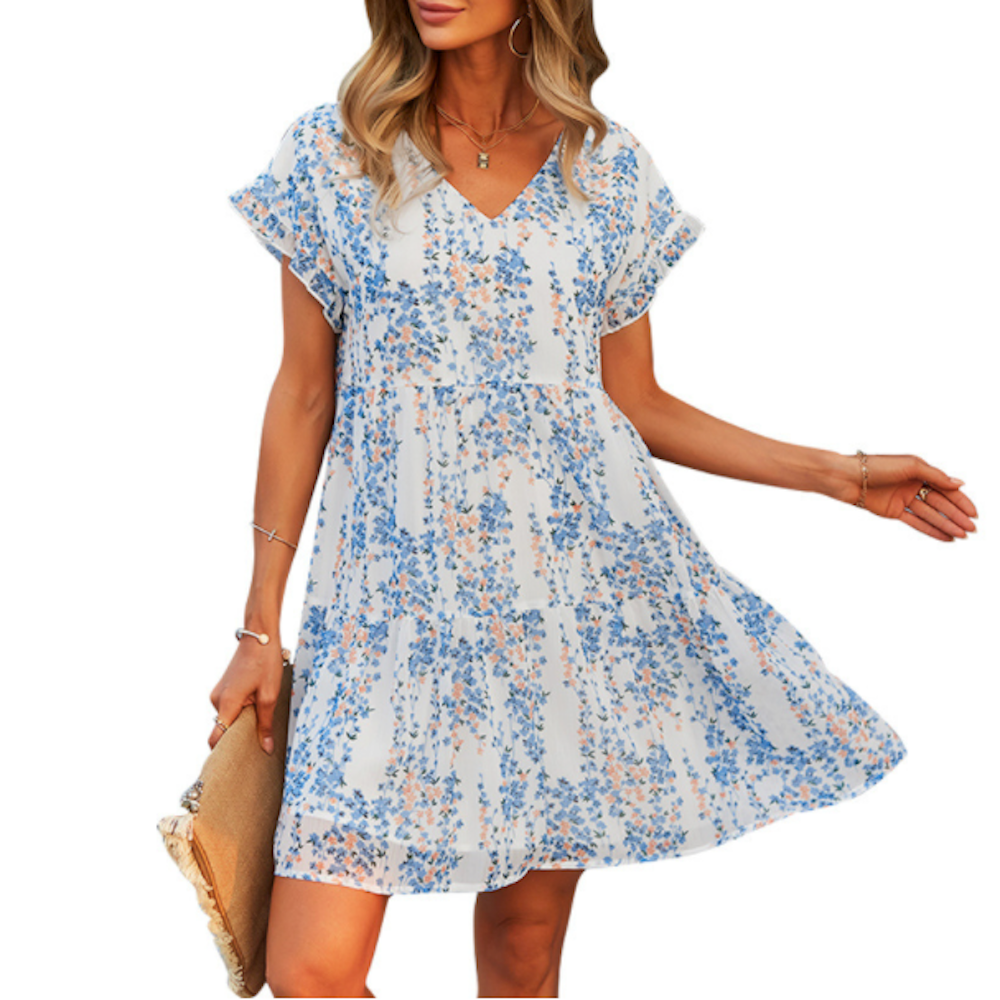 Womens V Neck Floral Chiffon Dress