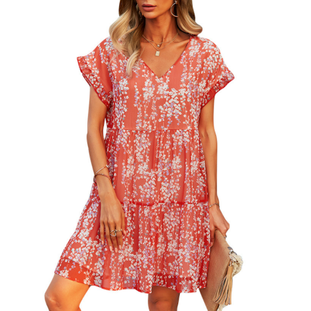 Womens V Neck Floral Chiffon Dress