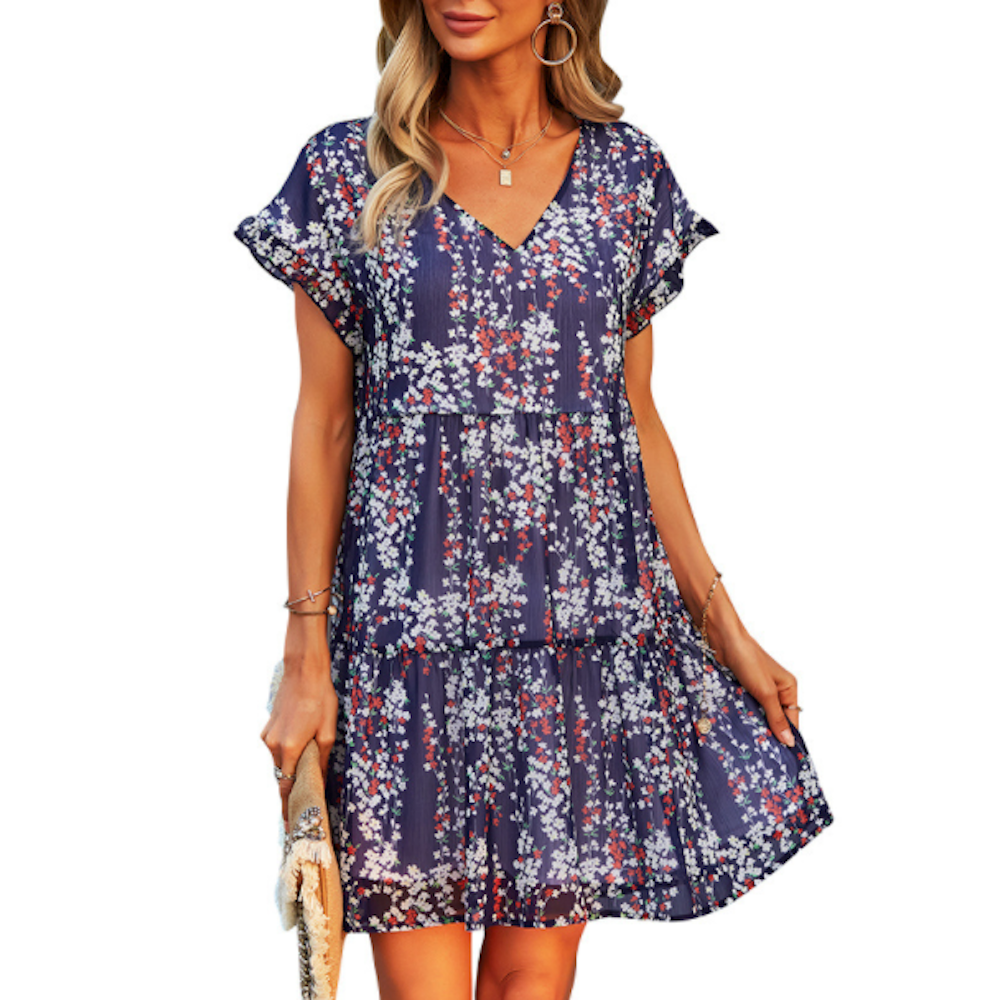 Womens V Neck Floral Chiffon Dress