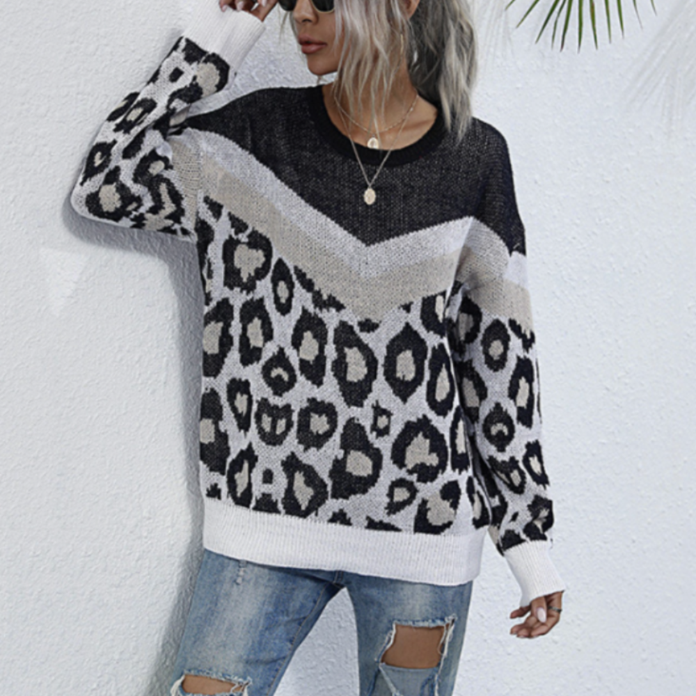 Womens Dual Tone Animal Print Sweater