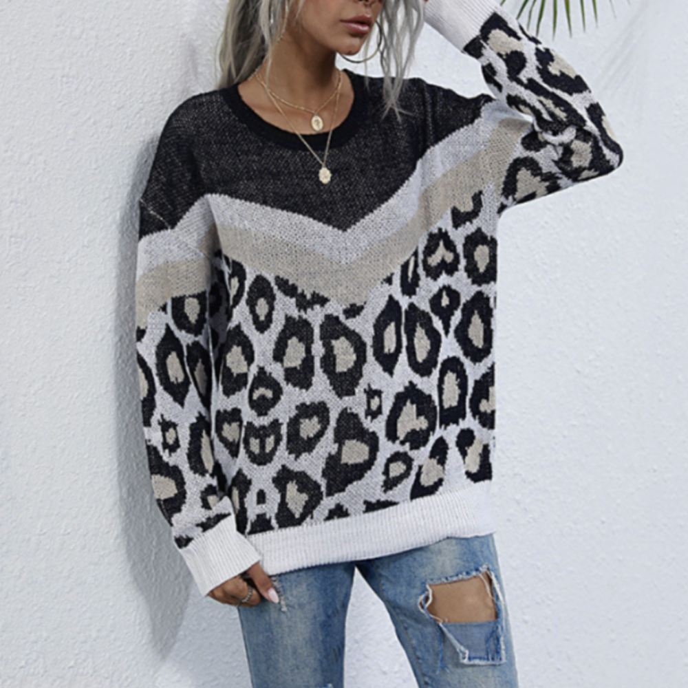 Womens Dual Tone Animal Print Sweater