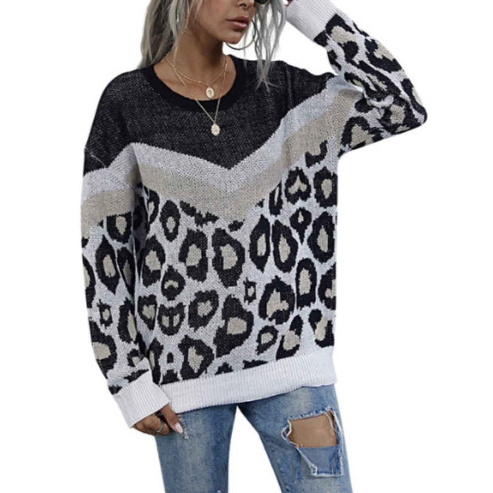 Womens Dual Tone Animal Print Sweater