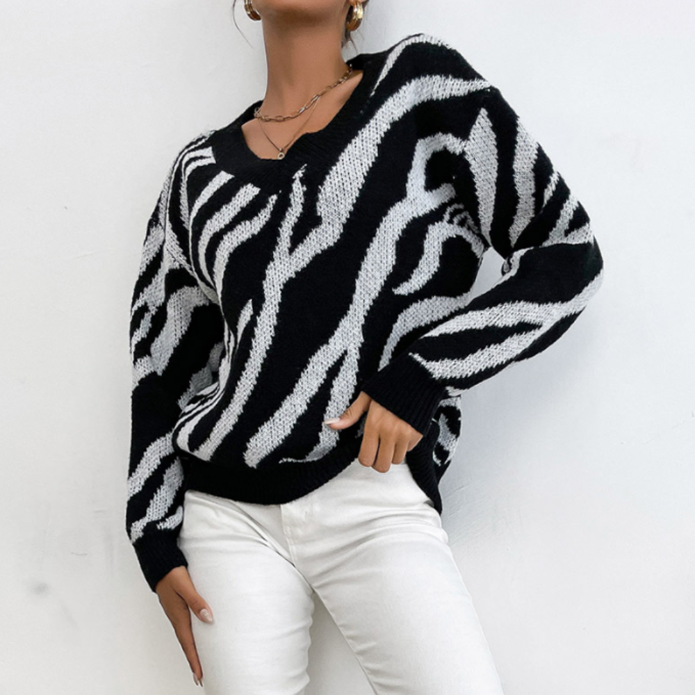 Womens V-Neck Contrasting Stripes Sweater