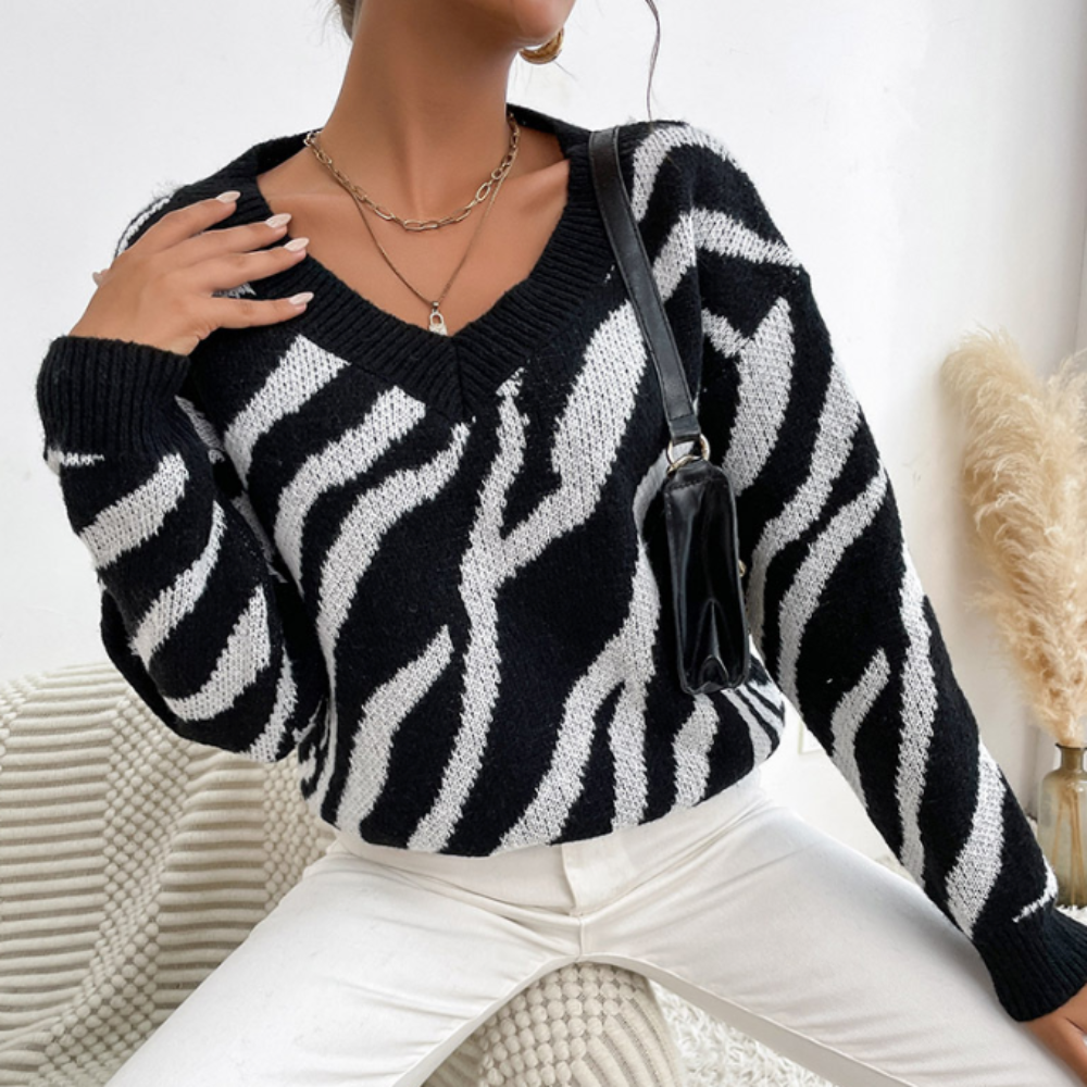 Womens V-Neck Contrasting Stripes Sweater