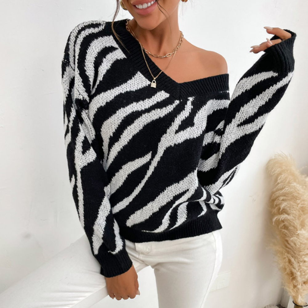 Womens V-Neck Contrasting Stripes Sweater