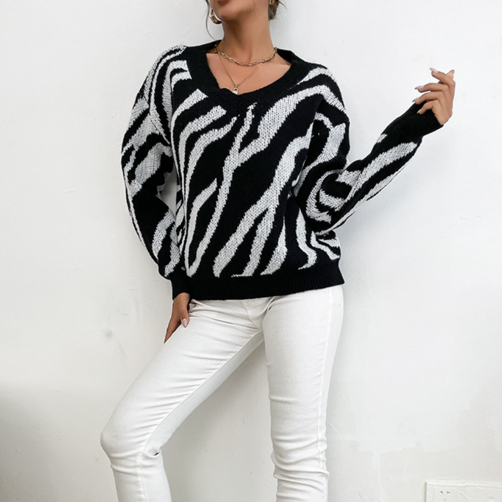 Womens V-Neck Contrasting Stripes Sweater