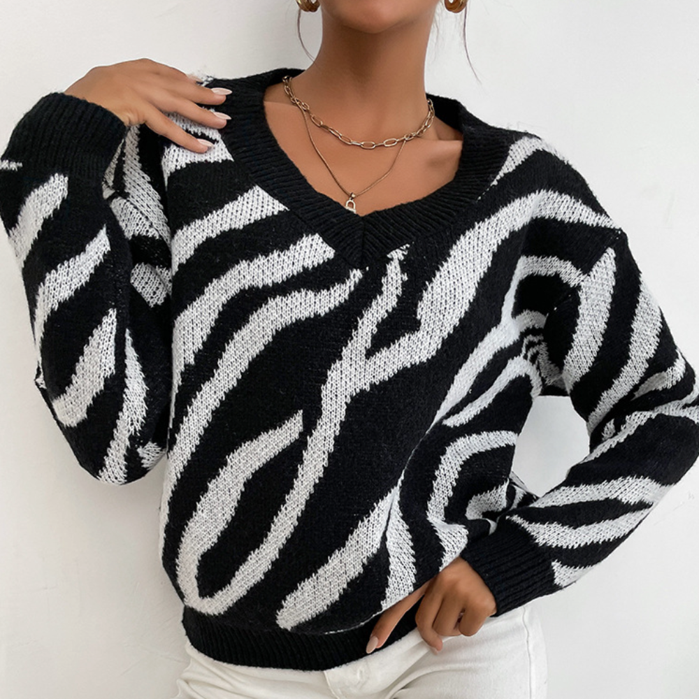 Womens V-Neck Contrasting Stripes Sweater