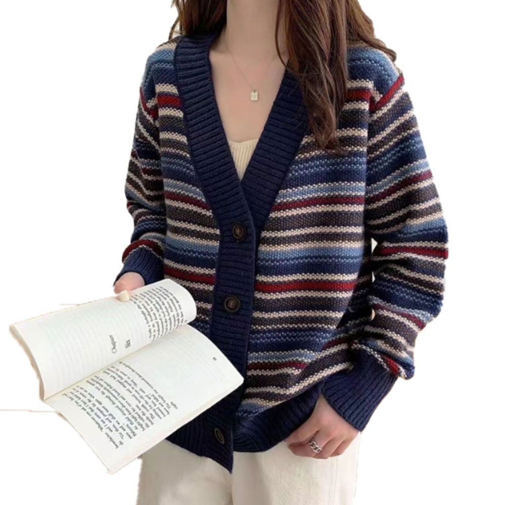 Womens Striped V Neck Cardigan