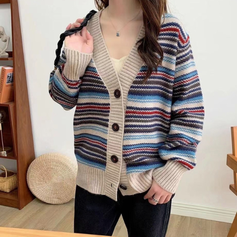 Womens Striped V Neck Cardigan