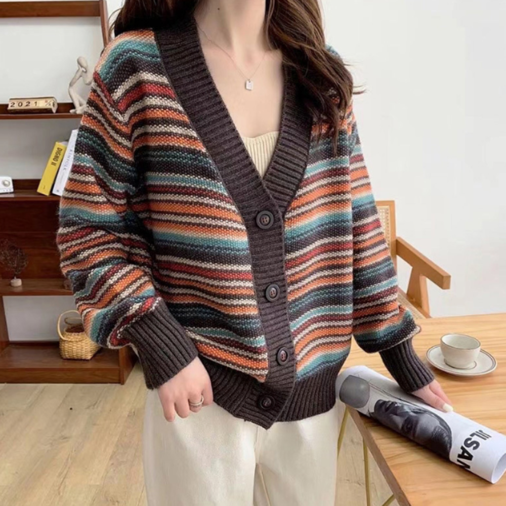 Womens Striped V Neck Cardigan