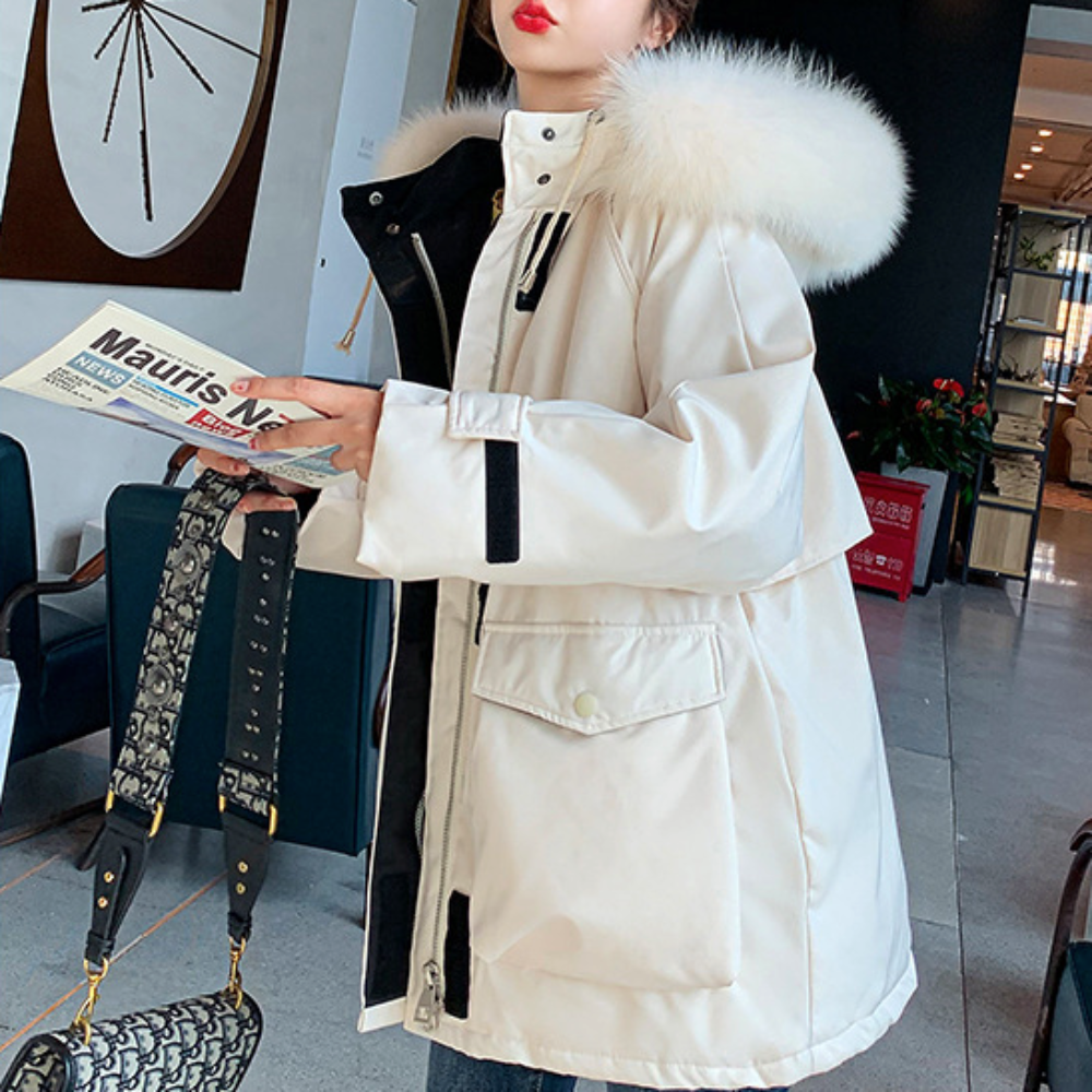 Womens Mid Length Coat with Furry Hood