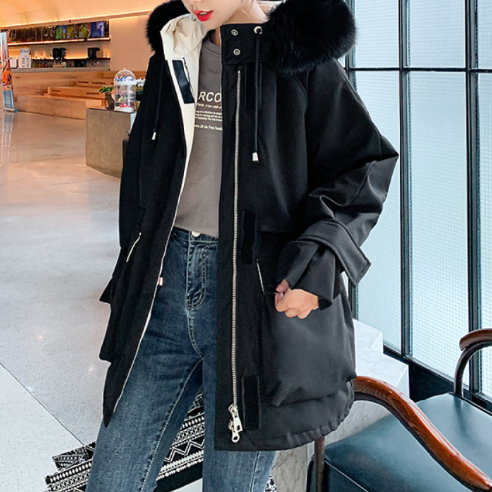 Womens Mid Length Coat with Furry Hood