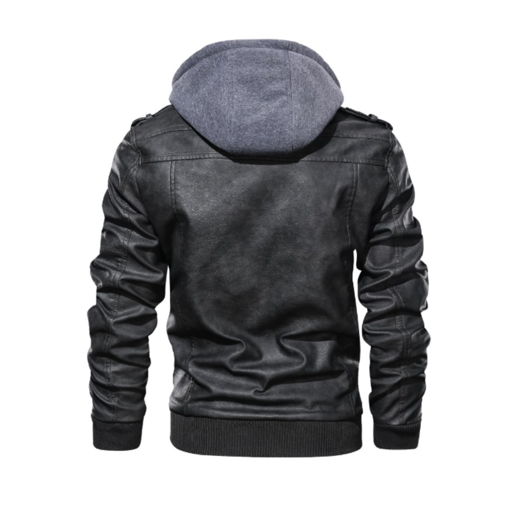 Mens PU Leather Jacket with Removable Hood