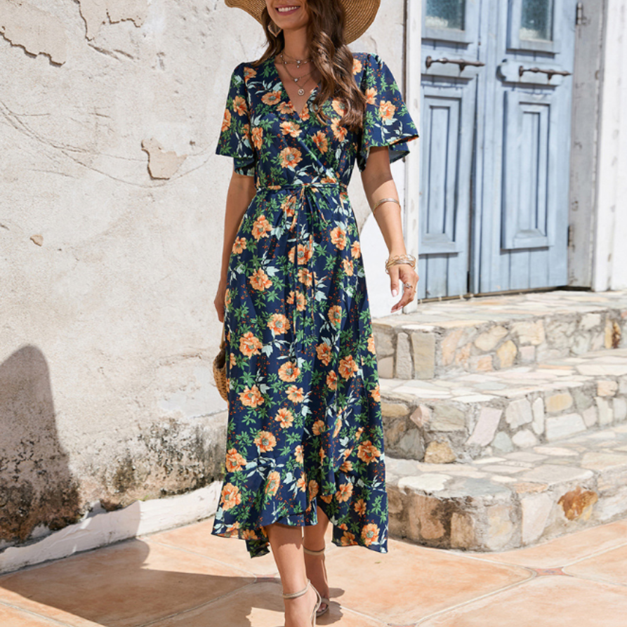 Women Wrap Style Summer Floral Dress With Ruffles