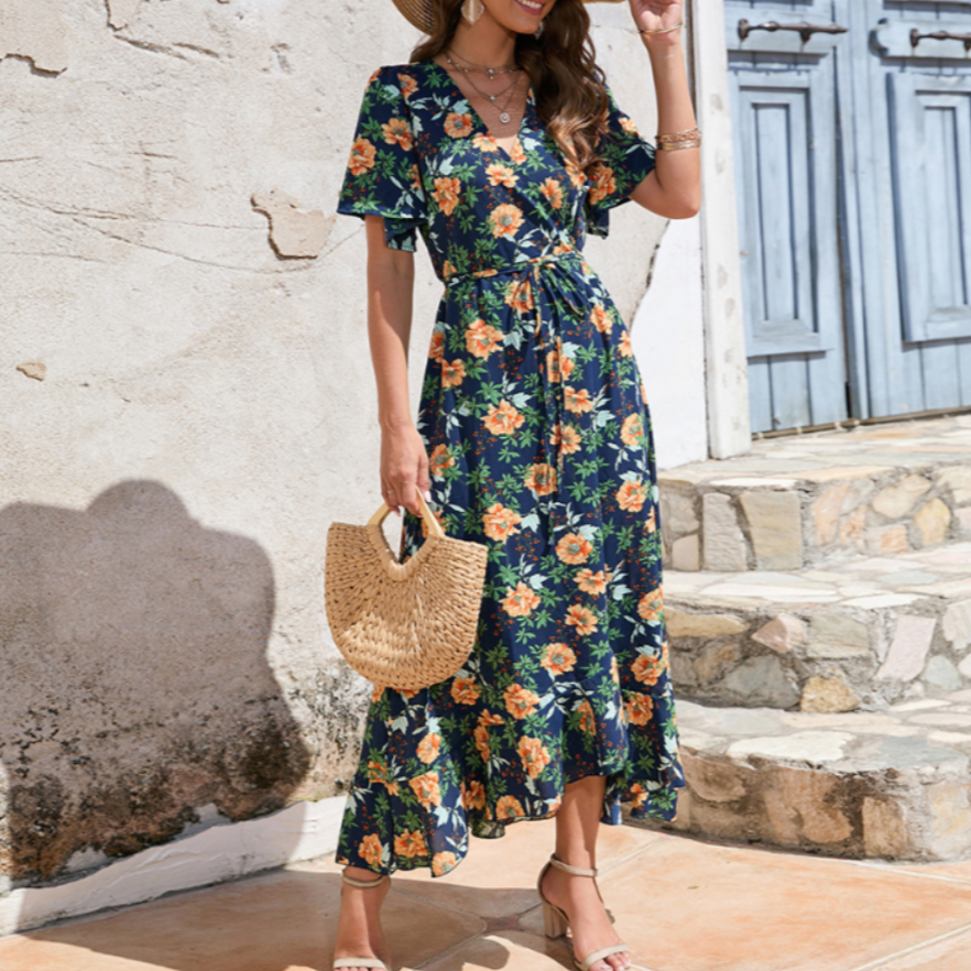 Women Wrap Style Summer Floral Dress With Ruffles