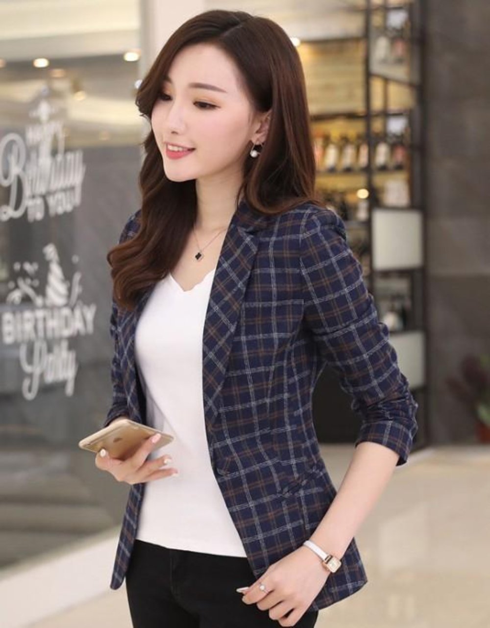 Womens One Button Plaid Blazer