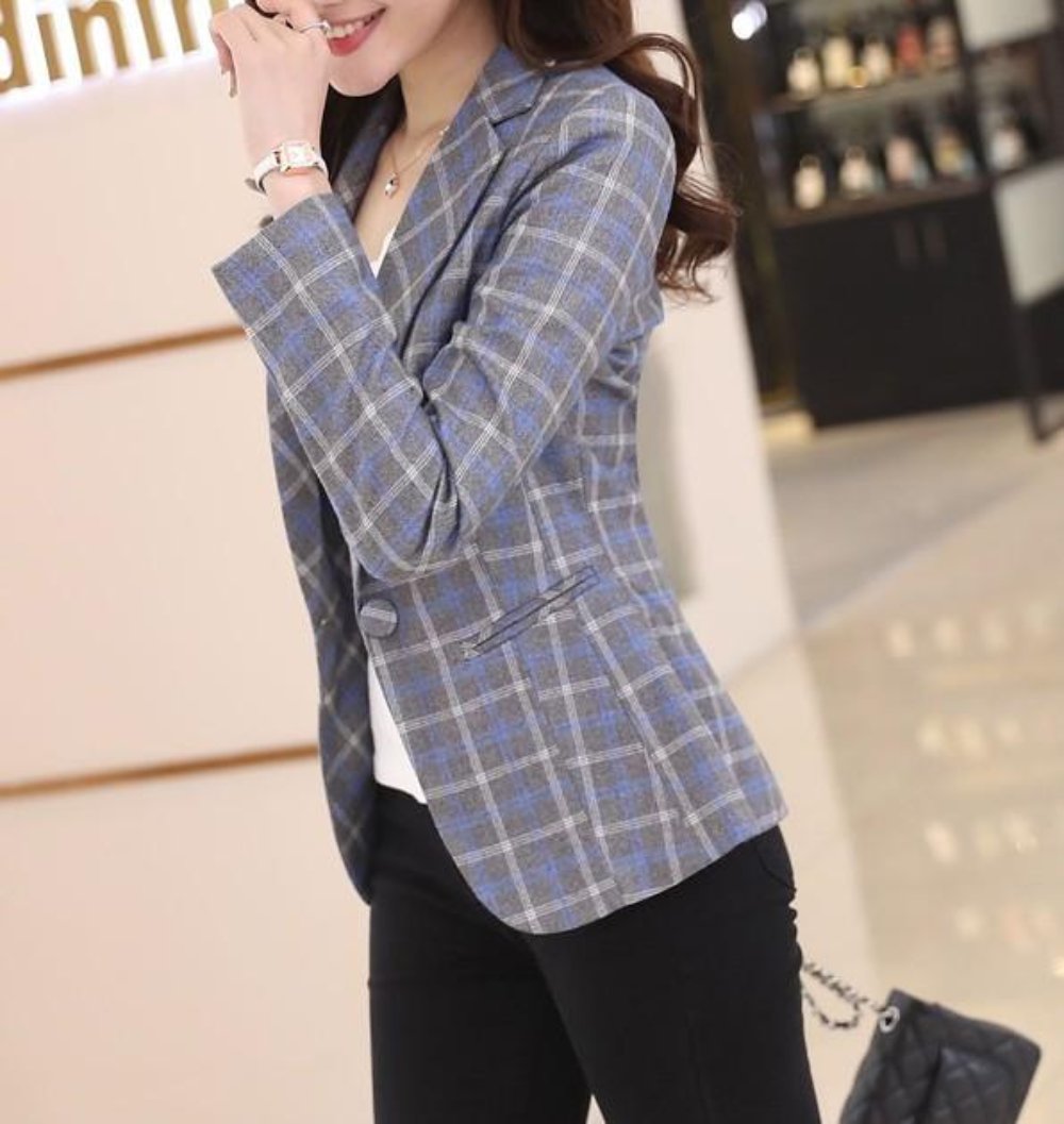 Womens One Button Plaid Blazer