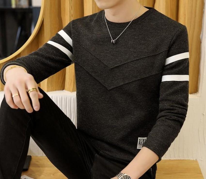 Men Black Acrylic/Cotton Blend Round Neck Dual Stripe Sweater - AmtifyDirect