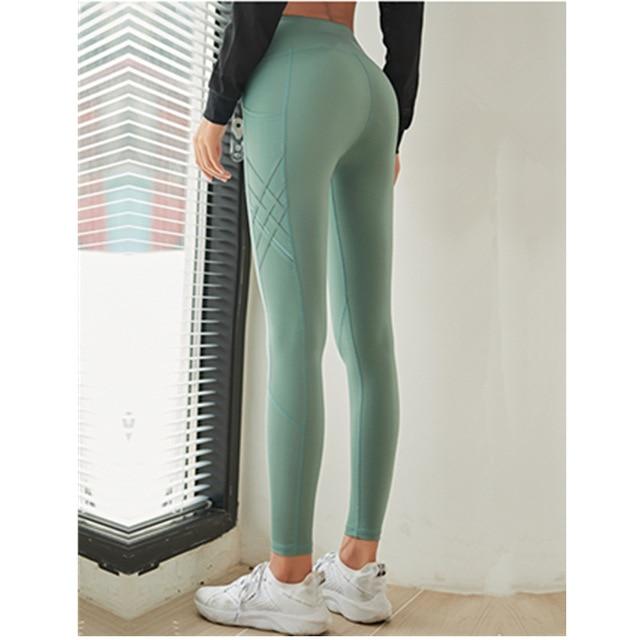 womens green wide waistband pockets yoga leggings - AmtifyDirect