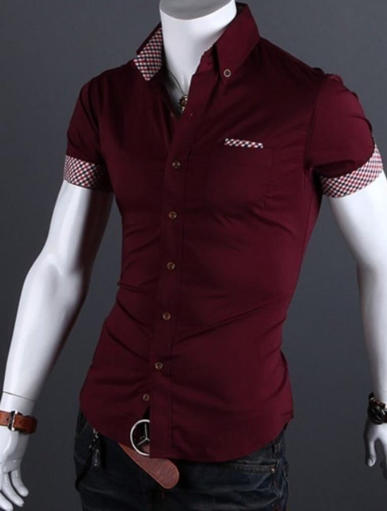 Mens cotton blend Red Short Sleeve Shirt with Plaid Details - AmtifyDirect