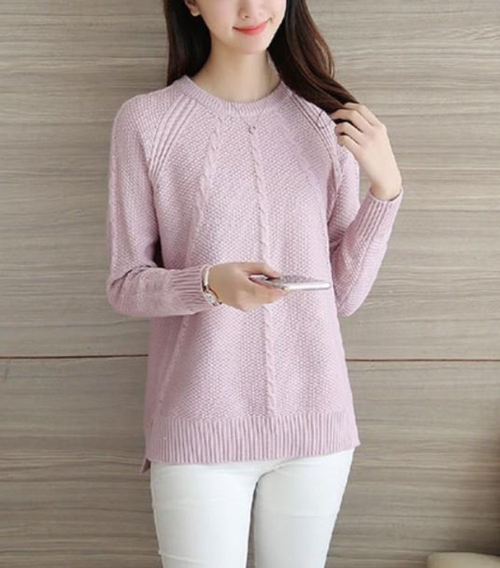 womens light purple polyester/acrylic blend cable knit long sleeve round neck sweater - AmtifyDirect