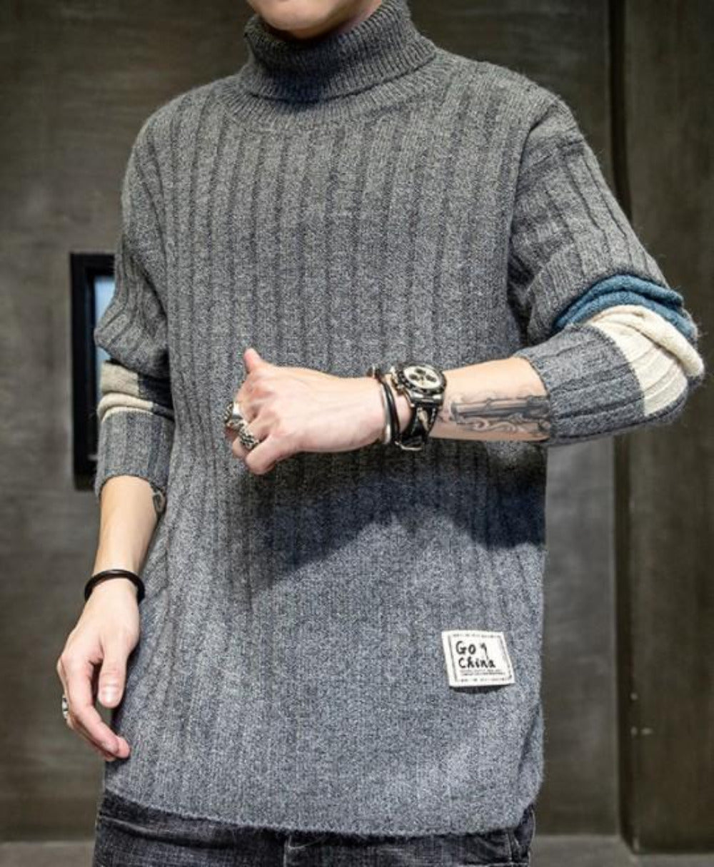 Mens Causal Turtle Neck Sweater with Stripe Sleeves Design